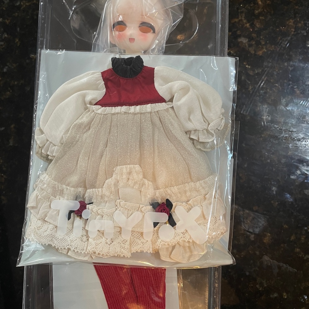 TinyFox Doll Cassandra with Red and Cream Dress